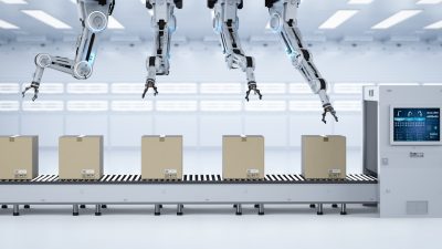 Automation factory concept Automation industry concept with 3d rendering robot assembly line in factory