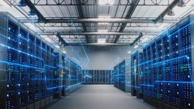 Modern Data Center with Server Racks with VFX Animation of Data Flow, Internet Traffic on Servers Modern Data Technology Center with Server Racks in Big Storage with VFX Animation. Animated Visualization of Data Flow, Internet Traffic on Servers. Digitalization and Internet of Things. Dolly Shot.